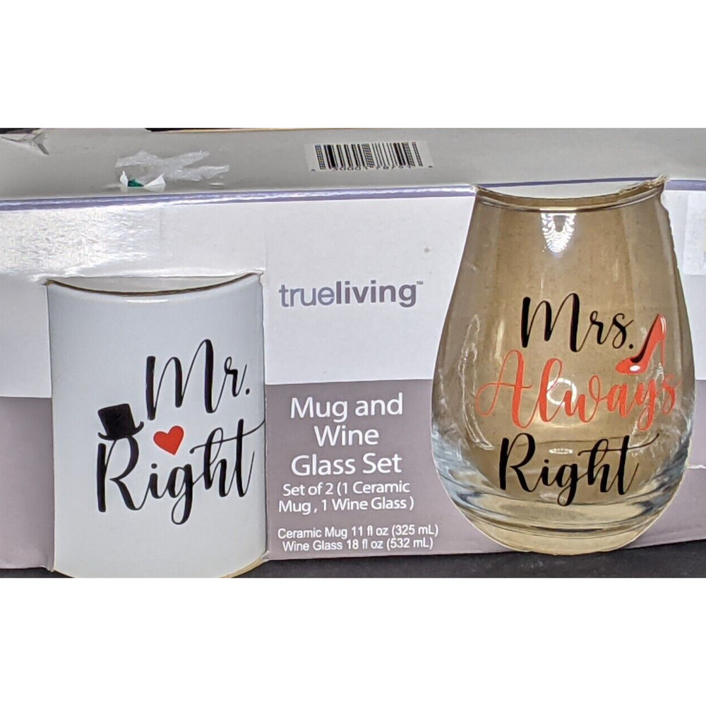 New MUG Mr. Right 11oz & WINE GLASS 18oz Mrs.Always Right Gift Wedding Valentine